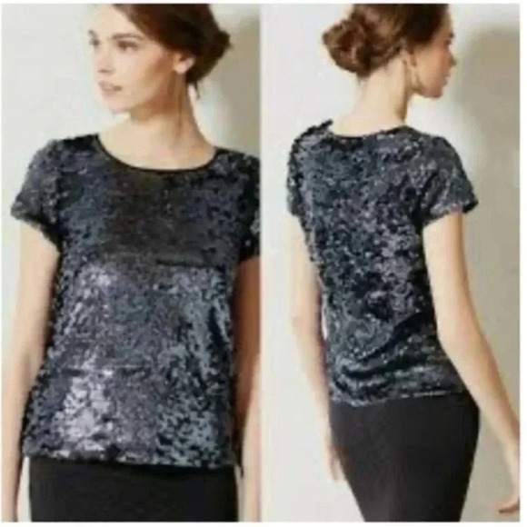 Anthropologie leifsdottir blue short sleeve sequin top XS - Picture 1 of 7